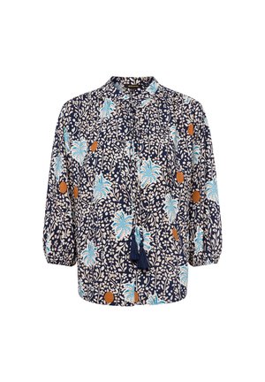 Navy-Bluse mit floralem Muster in Blau und Creme mit orangefarbenen Akzenten, dreiviertellangen Puffärmeln und Quasten-Detail am Halsauschnitt.