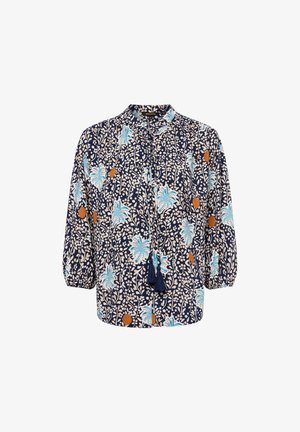 Navy-Bluse mit floralem Muster in Blau und Creme mit orangefarbenen Akzenten, dreiviertellangen Puffärmeln und Quasten-Detail am Halsauschnitt.