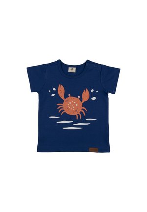 Marineblå T-shirt til småbørn med en orange tegneseriekrabbe og hvide vandsprøjt-designs på forsiden.