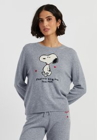 Grijze gebreide trui met een Snoopy-graphic, ronde halslijn en geribde manchetten. Onder het ontwerp is de tekst "peanuts original since 1950" zichtbaar.