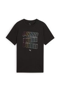 Zwart T-shirt gemaakt van katoen, met een meerkleurig grafisch ontwerp en de "PUMA" tekst in blokletters op de voorkant.