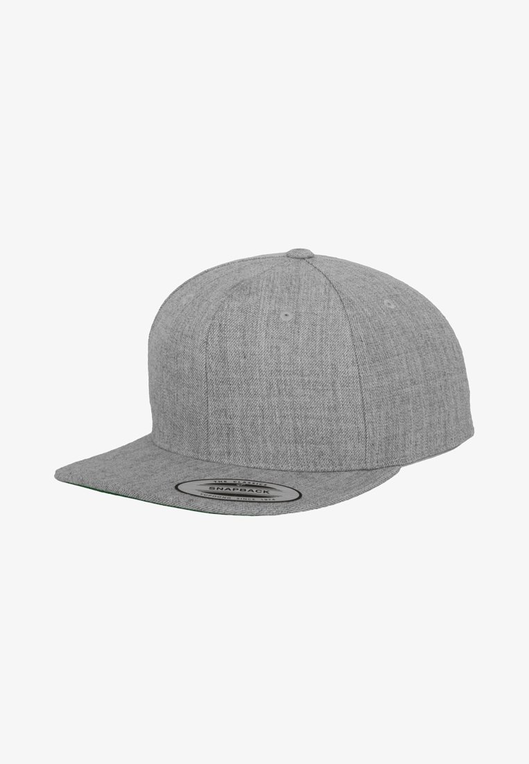 Gray snapback cap made of textured fabric. Features a flat brim, solid color, and an adjustable strap at the back with no visible patterns.