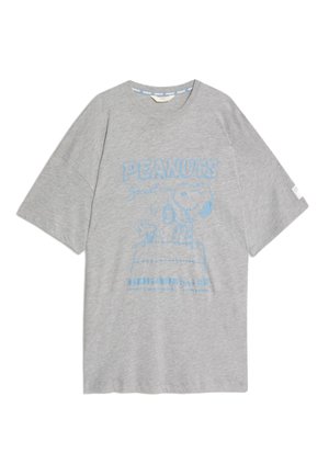 Gray cotton t-shirt with short sleeves featuring blue graphic text "PEANUTS" and an illustration of a character holding a drink.