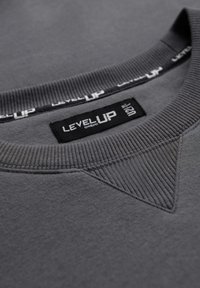 Sudadera gris con un cuello redondo acanalado, que presenta un detalle de costura triangular y una etiqueta que dice "LEVEL UP" en blanco y negro.