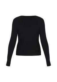 Schwarzes geripptes Langarmoberteil mit Rundhalsausschnitt. Enganliegendes Design und strukturierter Stoff, der eine glatte Oberfläche und subtilen Stretch zeigt.