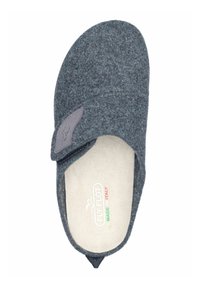 Gray felt slipper with an open back, featuring a soft insole and a fabric tag with a logo. The bottom has a small black rubber accent.