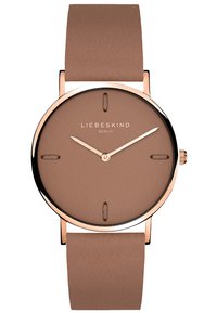 Runde Uhr mit einem Gehäuse aus roségoldenem Edelstahl, taupefarbenem Lederarmband, minimalistischem Zifferblatt und schlichten Stundenmarkierungen. Markenname sichtbar.