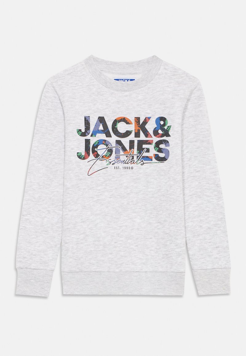 Grå genser med ribbestrikkede mansjetter og hem, med et fargerikt "JACK & JONES Essentials"-grafikk på fronten med en blanding av blomsterdesign.