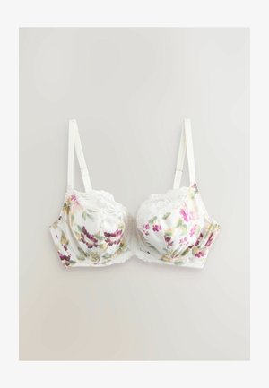 Satin beha met bloemenprint en witte kantafwerking; heeft onderliggende cups, verstelbare bandjes en een meerkleurig bloemenpatroon op een lichte achtergrond.