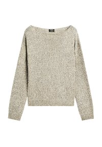 Lichtbeige trui met een losse, brede halslijn, lange mouwen en een gestructureerd breipatroon. Ribgebreide manchetten en zoom, geen zichtbare bevestigingsmiddelen.