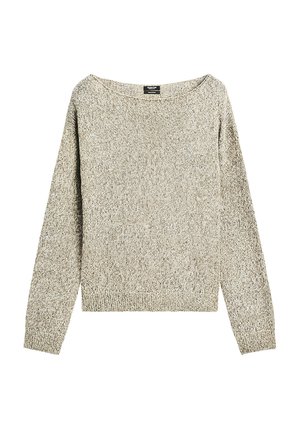 Light beige sweater with a loose, wide neckline, long sleeves, and a textured knit pattern. Ribbed cuffs and hem, no visible hardware.