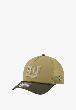 Khaki baseball cap featuring an embroidered "ny" logo. The front panel is solid with a textured mesh back and a contrasting green visor.