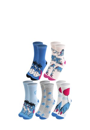Set di sei calzini con design di cartoni animati. I colori includono blu, rosa, grigio e bianco con motivi di Eeyore, stelle e palloncini.