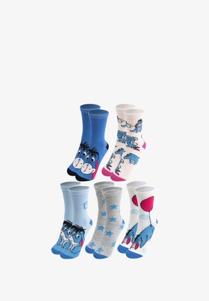 Set of six socks featuring cartoon designs. Colors include blue, pink, grey, and white with patterns of Eeyore, stars, and balloons.