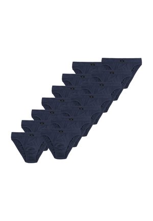 Navy blue men's briefs made of soft fabric, featuring an elastic waistband and stitched detailing. Pack of multiple pairs displayed in rows.