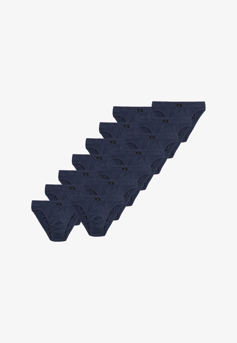 Marineblaue Herrenunterhosen aus weichem Stoff, mit einem elastischen Bund und gesteppten Details. Packung mit mehreren Paaren in Reihen angeordnet.