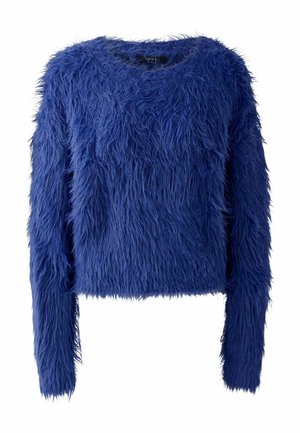 Blauwe fuzzy trui met lange mouwen, ronde hals en een cropped snit. Zachte textuur met prominente fluffy stoffen details.