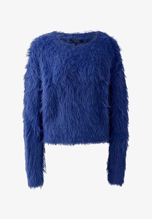 Blauer, flauschiger Pullover mit langen Ärmeln, Rundhalsausschnitt und cropped Schnitt. Weicher Stoff mit markanten flauschigen Materialdetails.