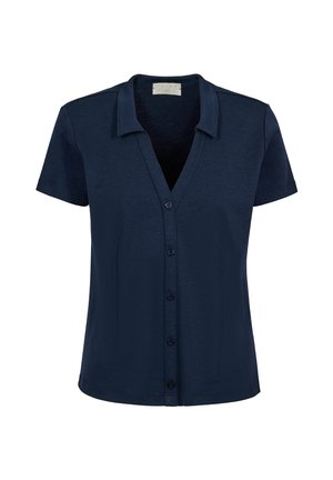 Chemise bleu marine à manches courtes avec col et cinq boutons sur le devant, coupe ajustée et tissu à texture lisse.