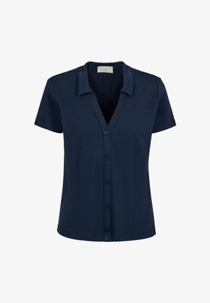 Chemise bleu marine à manches courtes avec col et cinq boutons sur le devant, coupe ajustée et tissu à texture lisse.