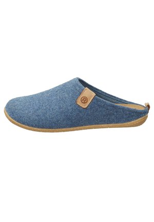 Blue felt slip-on slipper with a tan leather accent, rounded toe, and a textured rubber sole for grip.