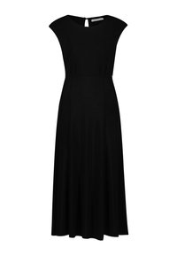 Schwarzes, bodenlanges Kleid mit Kappärmeln, rundem Ausschnitt und einem Schlüsselloch-Ausschnitt am Rücken. Glatter Stoff mit leichtem Glanz.