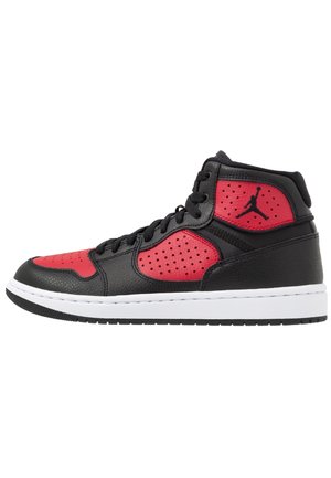 High-top basketballsko i sort og rødt læder med perforeringer, sorte snørebånd, hvid sål og et sort Jumpman-logo på siden.