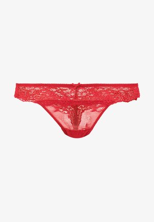 Rode kanten string met bloemmotieven, een gegolfde tailleband en een klein strikdetail in het midden. Transparante textuur met een driehoekige vorm.