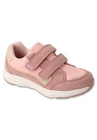 Różowy but sportowy z siateczkową cholewką, akcentami z zamszu, dwoma paskami na rzep, wyściełanym kołnierzem i lekką gumową podeszwą.