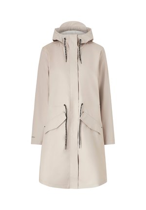 Beige letvægts regnjakke med hætte, frontlynlås, snore i taljen og to store forlommer. Glat tekstur og minimalistisk design.