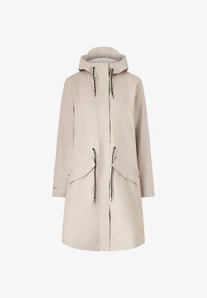 Imperméable léger beige avec capuche, fermeture éclair à l'avant, taille avec cordon de serrage et deux grandes poches avant. Texture lisse et design minimaliste.