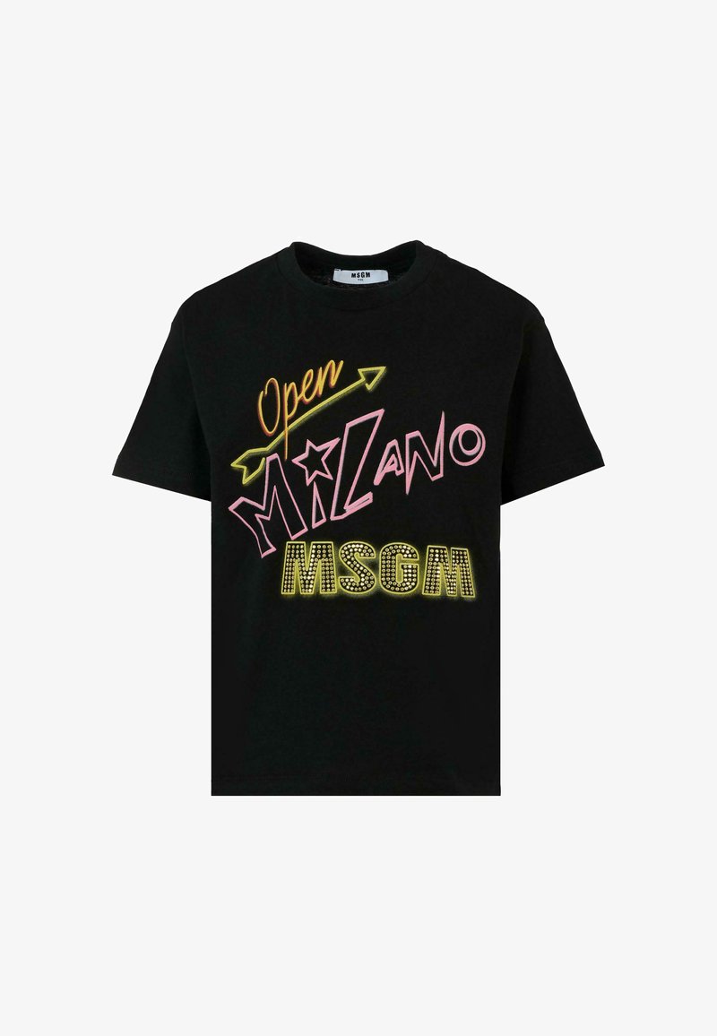 Czarny bawełniany t-shirt z kolorowym nadrukiem tekstu "Open Milano MSGM" w odcieniach różu, żółtego i białego, z dekoracyjnymi akcentami oraz okrągłym dekoltem.