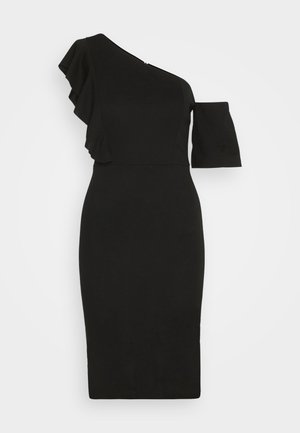 Μαύρο φόρεμα με έναν ώμο, που διαθέτει μία ραφτή λεπτομέρεια και εφαρμοστή σιλουέτα. Κατασκευασμένο από λείο ύφασμα. Σχέδιο που φτάνει μέχρι το γόνατο.
