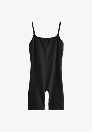 Fekete ujjatlan testrészes ruha, négyzet alakú dekoltázzsal, puha rugalmas anyagból készült, rövid lábakkal és vékony állítható pántokkal.
