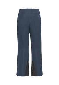 Marineblauwe outdoorbroeken met een rechte snit, voorzien van zwarte nylon accenten op de onderbenen en een gladde textuur, ontworpen voor functionaliteit.