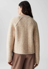 Beiger strukturierter Pullover mit geripptem Kragen und fallenden Schultern; cropped Fit und eine Nahtdetails entlang des Rückens. Getragen über braunen Hosen.
