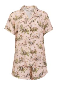 Kurze Ärmel, pinkes Schlafanzug-Set aus Stoff mit einem von der Natur inspirierten Druck von Vögeln und Blumen; beinhaltet ein Hemd mit Knopfleiste und Shorts.