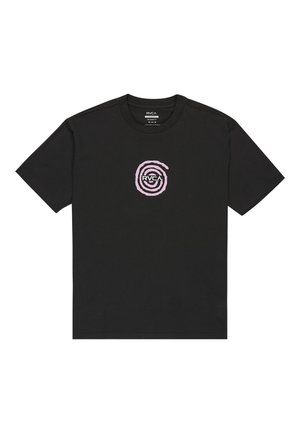 Schwarzes Baumwoll-T-Shirt mit einem kreisförmigen, spiralförmigen Grafikdesign in Pink und Weiß in der Mitte. Kurze Ärmel, Rundhalsausschnitt, schlichte Schnittführung.