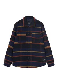 Camicetta giacca a quadri navy, nera, rossa e gialla con due tasche sul petto e maniche lunghe.
