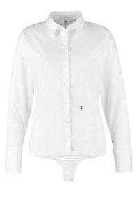 Body de manga larga blanco con botones, de tela de algodón, con cuello clásico, que presenta un pequeño bordado floral negro en el lado izquierdo.