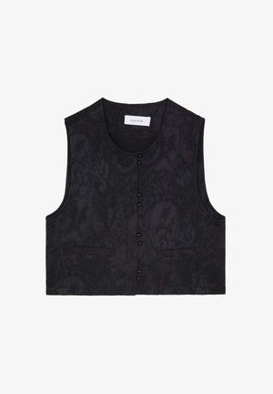 Zwarte mouwloze vest met een gestructureerde stof, voorzien van zes knopen aan de voorkant en twee voorzakken. Eenvoudig, kort ontwerp. Geen kraag.