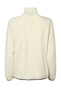 Valkoinen fleece-takki, jossa on korkea kaulus, pitkät hihat, sileä rakenne ja poikkeava musta viimeistely helman ja hihansuiden kohdalla.