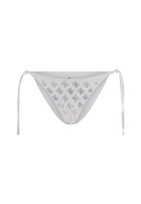 White bikini bottom with a low-rise cut, featuring a cut-out pattern and tie strings on the sides. Smooth texture, minimalist design.