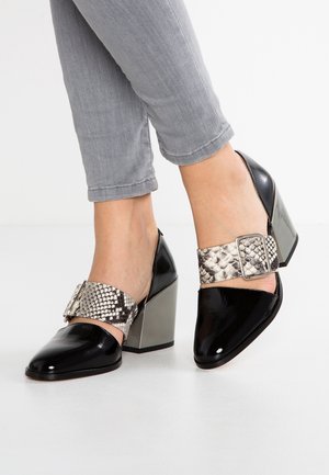 Scarpe in pelle verniciata nera con un cinturino alla caviglia in pelle di serpente argento e fibbia quadrata, dotate di un tacco a blocco metallico.