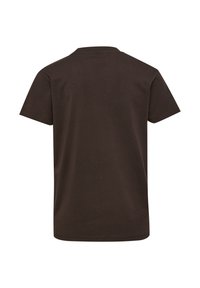 Brun bomulds t-shirt med korte ærmer, en rund halsudskæring og en glat tekstur. Bagsiden har et ensartet design uden udsmykning.