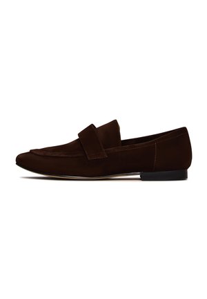 Brown suede loafers with a flat sole, featuring a wide strap across the upper for a secure fit and a sleek, elongated shape.