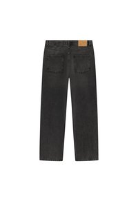 Melni denimu džinsi ar taisnu kāju dizainu. Iekļauj divas aizmugures kabatas un brūnu ādas uzlīmi jostas vietā. Matēta apdare.