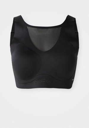 Soutien-gorge de sport noir sans couture avec larges bretelles, bonnets moulés et panneau en mesh respirant sur le haut de la poitrine pour une meilleure ventilation.