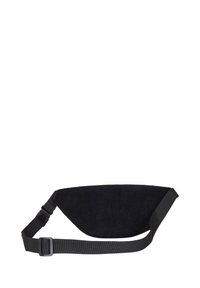 Svart tyg midjeväska med en något rundad form, med en slät yta och justerbar svart rem med en plastspänne.
