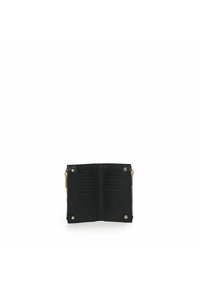 Portafoglio in pelle nera con hardware dorato, bordi con zip e numerosi scomparti per carte, dotato di un interno testurizzato per una migliore organizzazione.